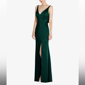 DRAPED COWL-BACK PRINCESS LINE DRESS WITH FRONT‎ SLIT IN EVERGREEN 8R